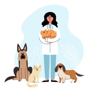 an illustrated image of a veterinarian holding a cat, surrounded by other pets